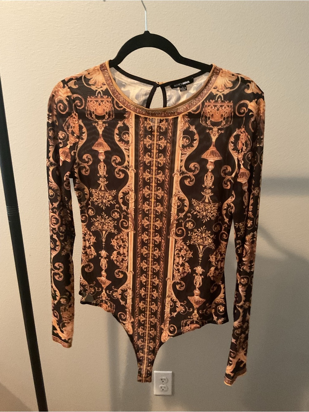 Fashion Nova Brown & Gold Baroque Long Sleeve Bodysuit